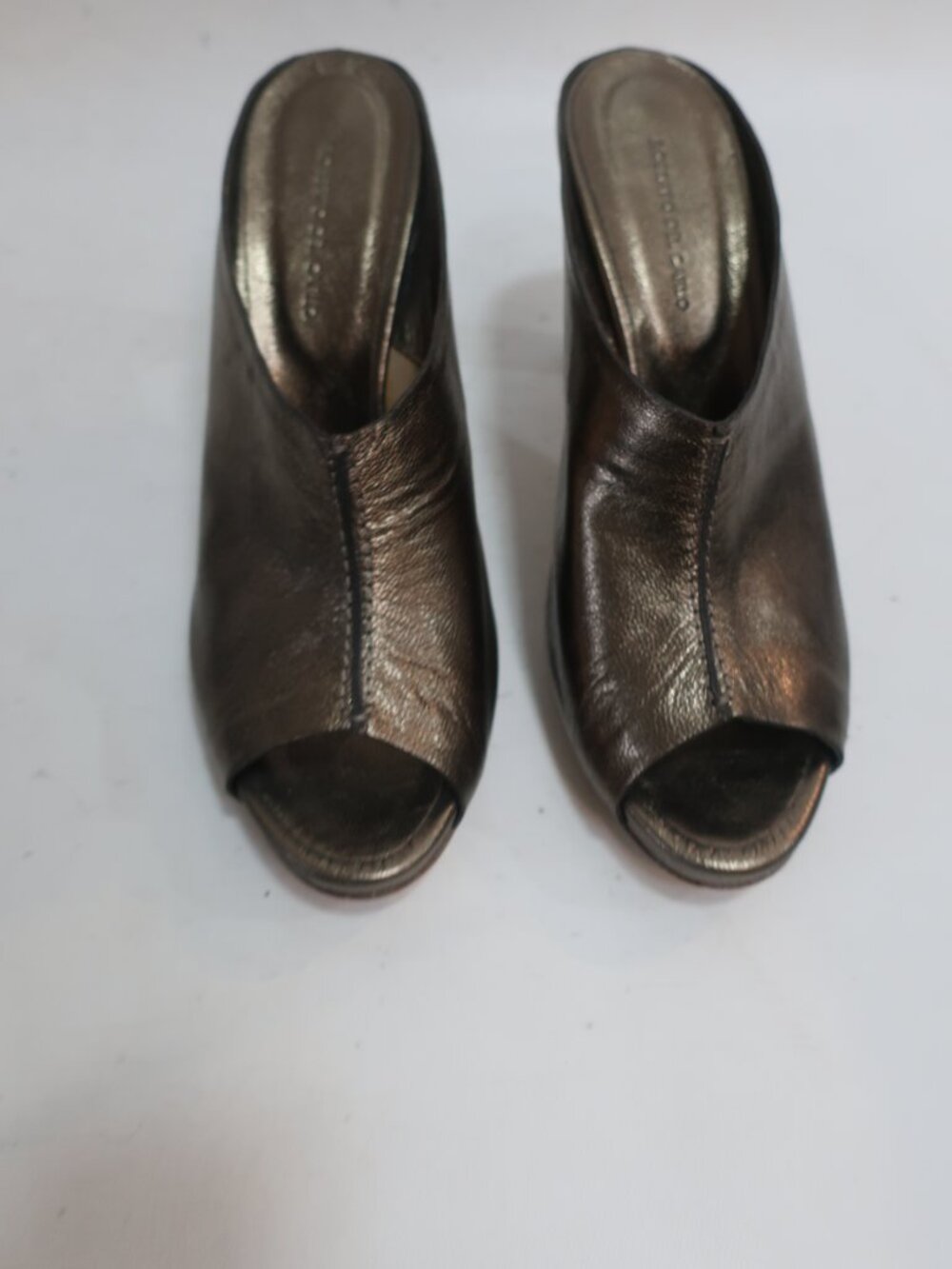 Women Roberto Del Carlo Bronze Metallic Peep Toe Leather Heeled Mule 38.5 US/8.5
